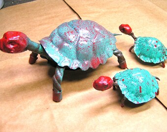 THREE Metal Art Colorful Turtles, Junk Iron Art, HAND painted Garden Yard art, or pond ,fountain