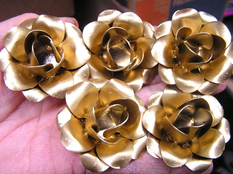 FIVE medium Roses, metal flowers for crafts, jewelry, embellishments and accents, shiny Chrome, Gold color image 1