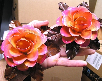 TWO Large metal roses with leaves, Pink, Yellow flowers for accents, embellishments, crafting, art, woodworking, arrangements, B1