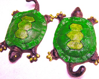 TWO Cast Iron Turtles, HAND painted Garden Yard art, Wall Hooks, or pond ,fountain