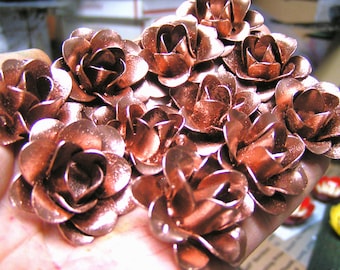 TEN small shiny copper colored roses, metal flowers for accents, embellishments, crafting, jewelry, art projects, woodworking, arrangements