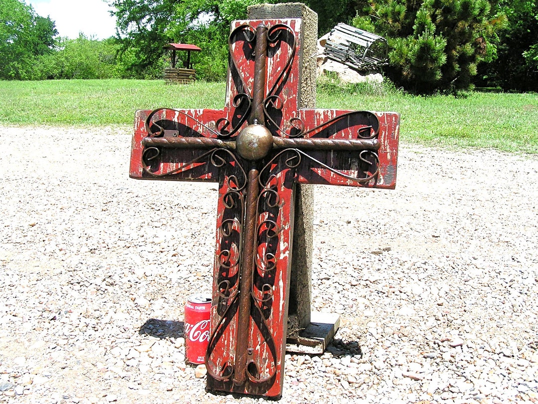 LARGE Rustic Wooden Wall Cross With Scrolled Iron, Red - Etsy