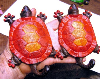 2 Cast Iron Colorful Turtles, HAND painted Garden Yard art, Wall Hooks, or pond ,fountain