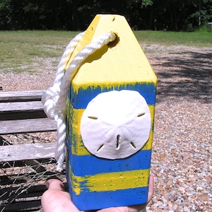 Nautical Wooden fishing buoy with Sanddollar, Beach decor for Home or garden, Wood buoy, Blue, Yellow