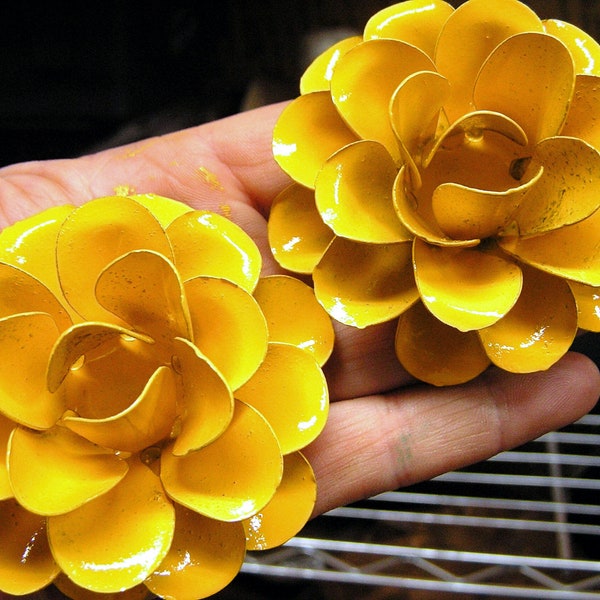 TWO Large metal Yellow rose flowers for accents, embellishments, crafting, jewelry, art, woodworking, arrangements, furniture