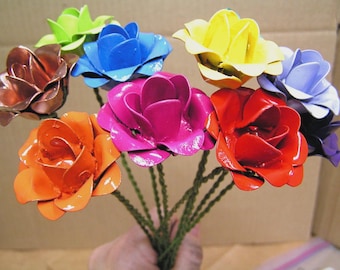 TEN medium Colorful Roses WITH stems, metal flowers