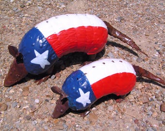 TWO Metal Texas Flag Armadillos, Junk Iron HAND painted Garden Yard art