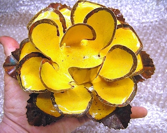 EXTRA Large metal Yellow rose flower WITH Leaves for accents, embellishments, crafting, art, woodworking, arrangements, 6 7/8 inches