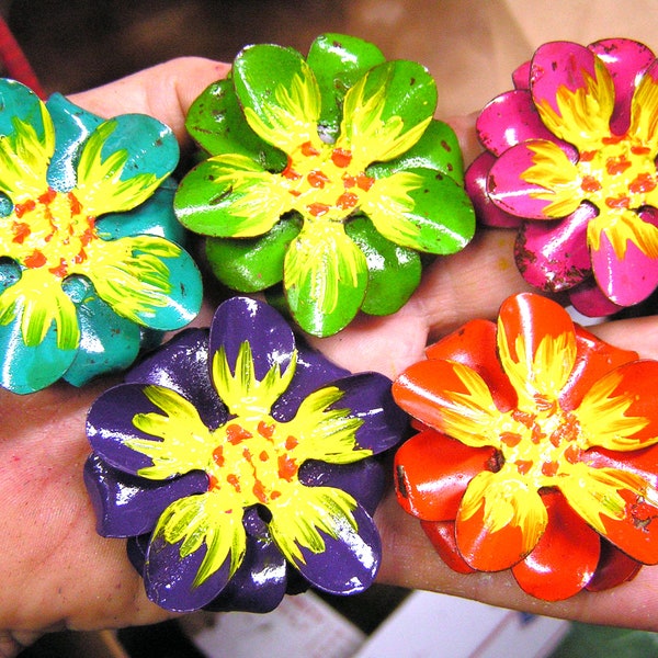 FIVE Medium Hand Painted FLAT metal rose flowers for accents, embellishments, crafting, jewelry, art, arrangements, 213