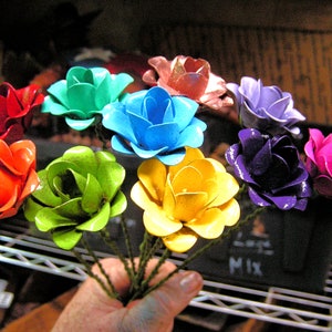 TEN medium Colorful Roses WITH stems, metal flowers
