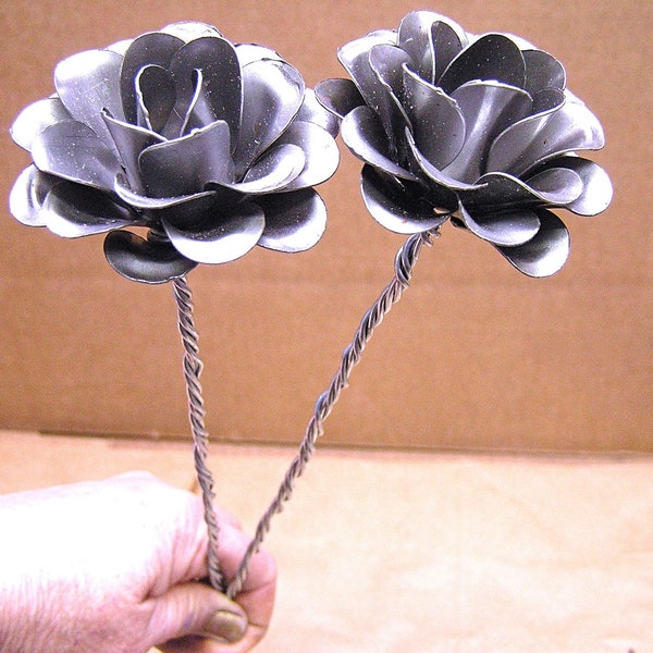 TWO Large metal RAW steel rose flowers with wrapped wire STEMS for accents, embellishments, crafting, art, arrangements