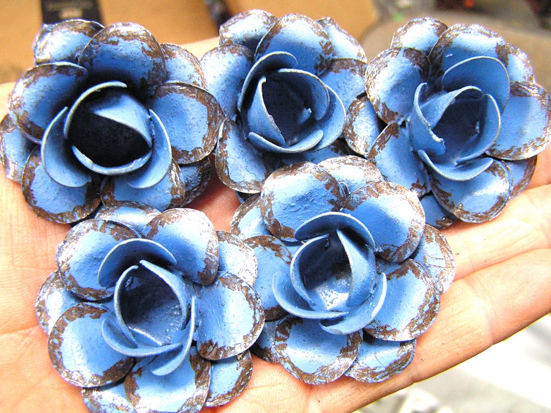 5 Medium Blue Roses, Metal Flowers for Accents, Embellishments