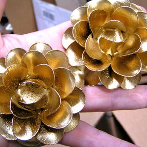 TWO Large metal Gold colored rose flowers for accents, embellishments, crafting, jewelry, art, woodworking, arrangements, set P2