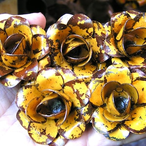 FIVE Medium metal Yellow rose flowers for accents, embellishments, crafting, jewelry, art, woodworking, arrangements, Y5