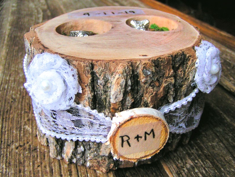 Personalized Ring bearer box Candle Holder Rustic woodland wedding pillow alternative