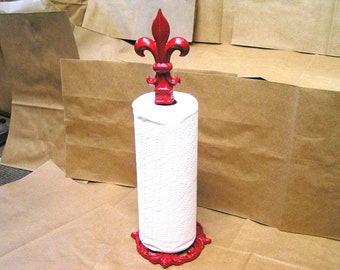 Red Iron Paper Towel holder Finial Fleur de Lis Handmade USA 18 in, sunrise red