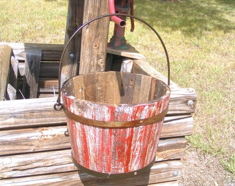 Primitive wooden well bucket, shabby distressed RED R