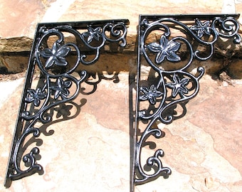 TWO Cast Iron Wall Shelf Brackets, Heavy support corbels, braces, black