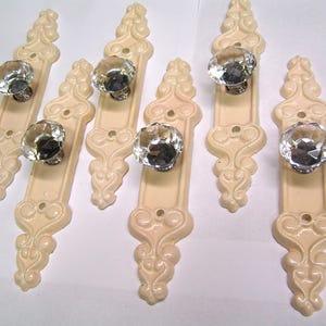 SIX Crystal style GLASS cabinet drawer pulls knobs handles with Cast Iron backplate Off White finish