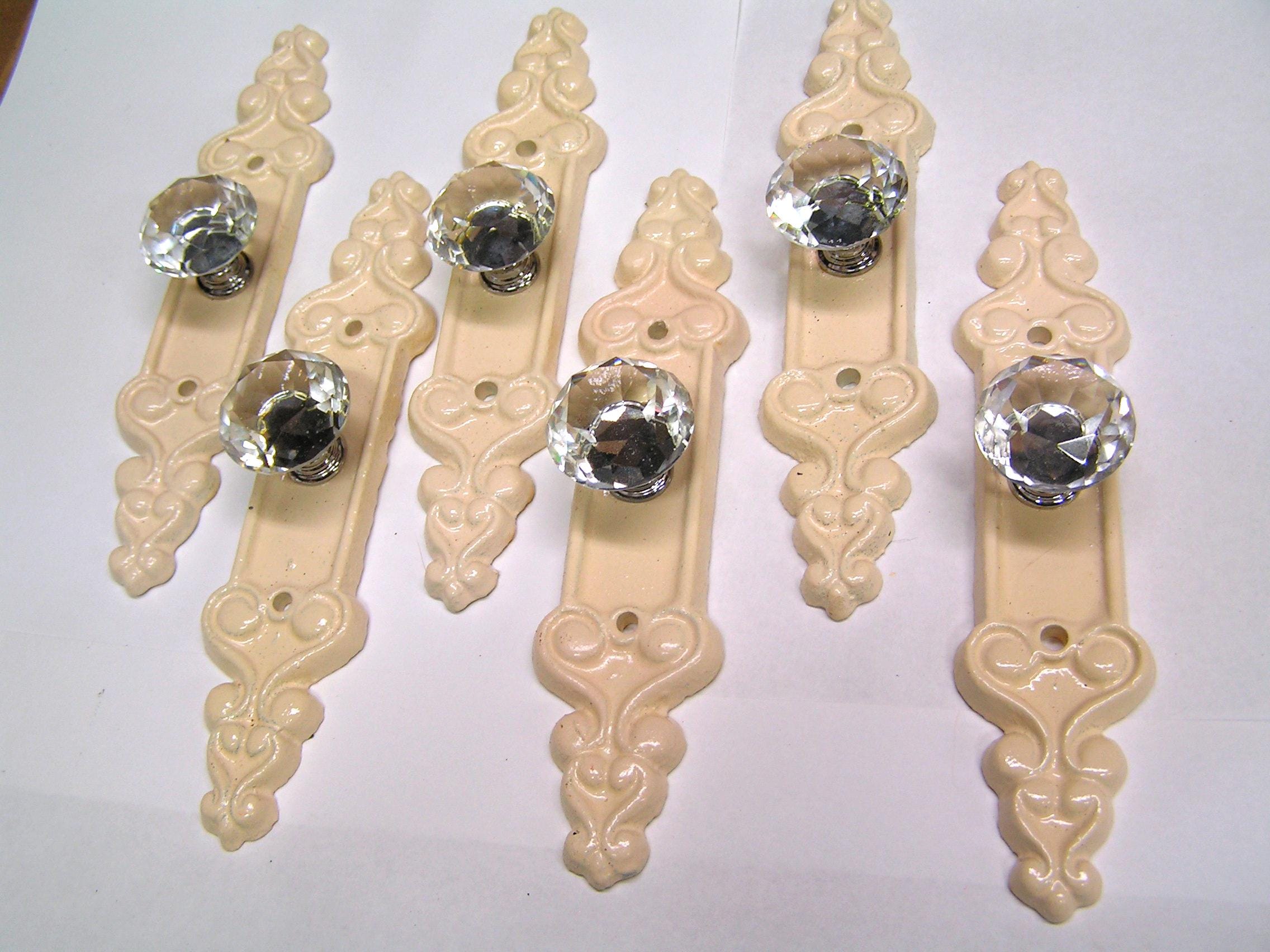 Six Crystal Style Glass Cabinet Drawer Pulls Knobs Handles With Cast Iron Backplate Off White Finish