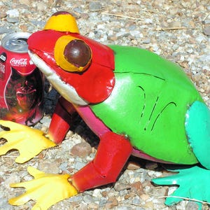Metal Art Colorful Large Frog sculpture, Junk Iron Art, HAND painted and Distressed Garden art F