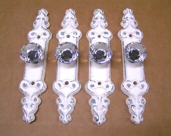 FOUR Crystal style GLASS cabinet drawer pulls knobs handles, chippy off white finish