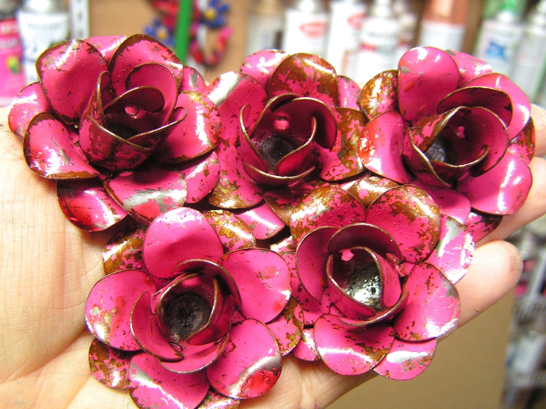 5 Medium Pink Roses, Metal Flowers for Accents, Embellishments