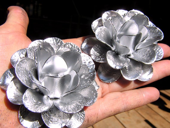 TWO Large Silver Chrome Colored Roses, Metal Flowers for Accents