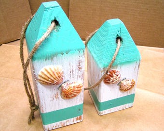 TWO Garden Art wood buoys with seashells, Nautical beach Decor for Home or Garden