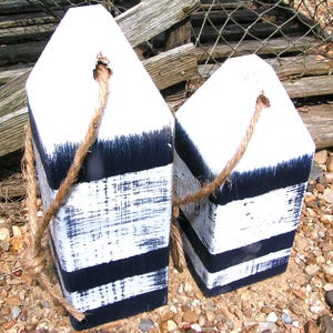2 Lobster buoys, Nautical Decor, Wooden Decorative Buoys, Fishing Buoys, Maine Lobster Buoy, Navy blue and white