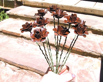 10 Small sealed metal art roses WITH stems