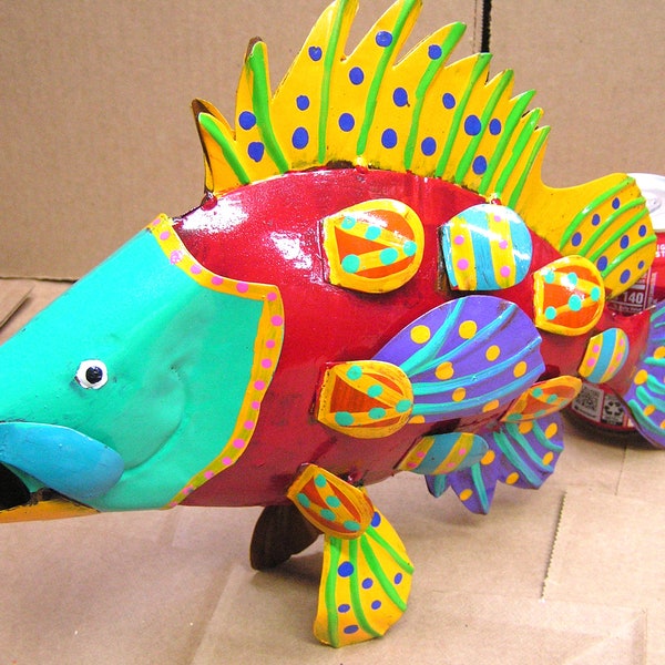 Metal Art Colorful Fish sculpture, HAND painted and Sealed Garden Yard art