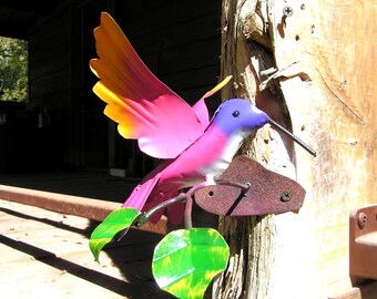 Metal Hummingbird sculpture on branch with mounting bracket