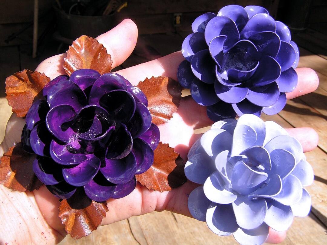 Real Metalic Purple Roses Set of 3 Large Metal Purple Roses, Handcrafted Floral Accents, Indoor ...