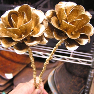 TWO Large Metal Shiny GOLD colored roses with steel and gold wrapped stems