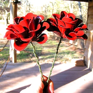 TWO Large metal RED rose flowers with STEMS for accents, embellishments, crafting, art, arrangements