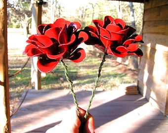 TWO Large metal RED rose flowers with STEMS for accents, embellishments, crafting, art, arrangements