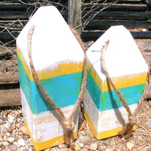 Wood Maine Lobster fishing buoys, Nautical Garden Decor, Yellow, white, blue
