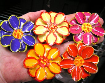 FIVE Medium Hand Painted FLAT metal rose flowers for accents, embellishments, crafting, jewelry, art, arrangements, B5