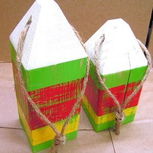 2 Wood Lobster buoys, Nautical Ocean Seaside Decor, Wooden Buoys, Fishing Buoys