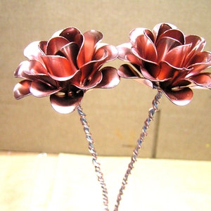 TWO Large Metal Shiny COPPER colored roses with steel and copper wrapped stems