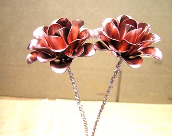 TWO Large Metal Shiny COPPER colored roses with steel and copper wrapped stems