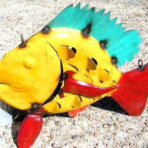 Metal Art Yellow Fish sculpture, Junk Iron Art, HAND painted and Distressed Garden Yard art