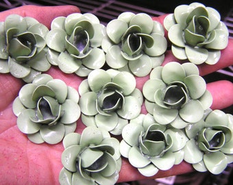 TEN small green roses, metal flowers for accents, embellishments, crafting, jewelry, art, woodworking, arrangements