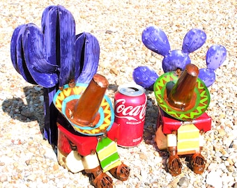 TWO Metal Cactus Man sculptures, Junk Iron Art, HAND painted and Distressed Garden art