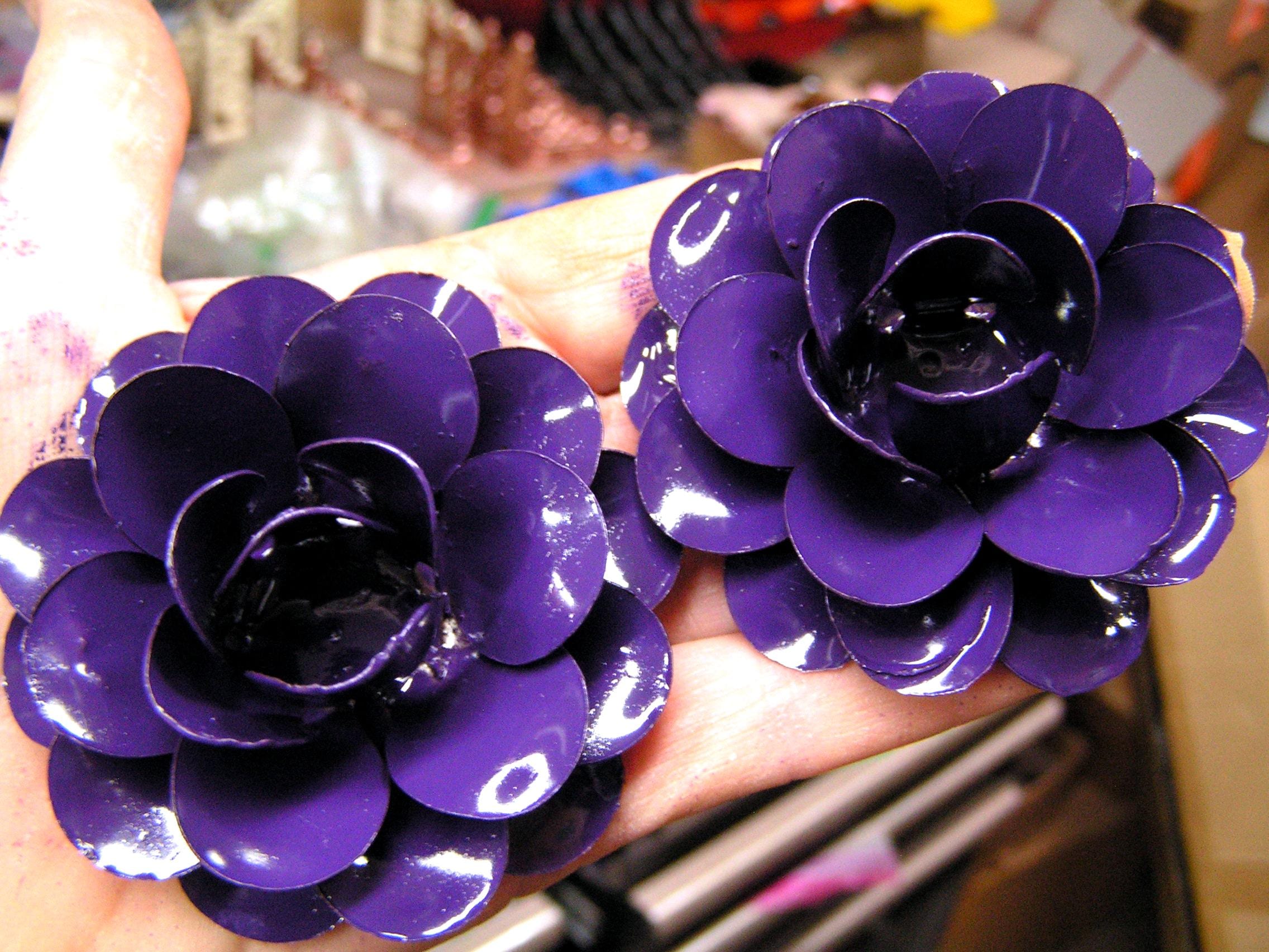 Real Metalic Purple Roses TWO Large Metal Purple Roses, Flowers for Accents, Embellishments ...