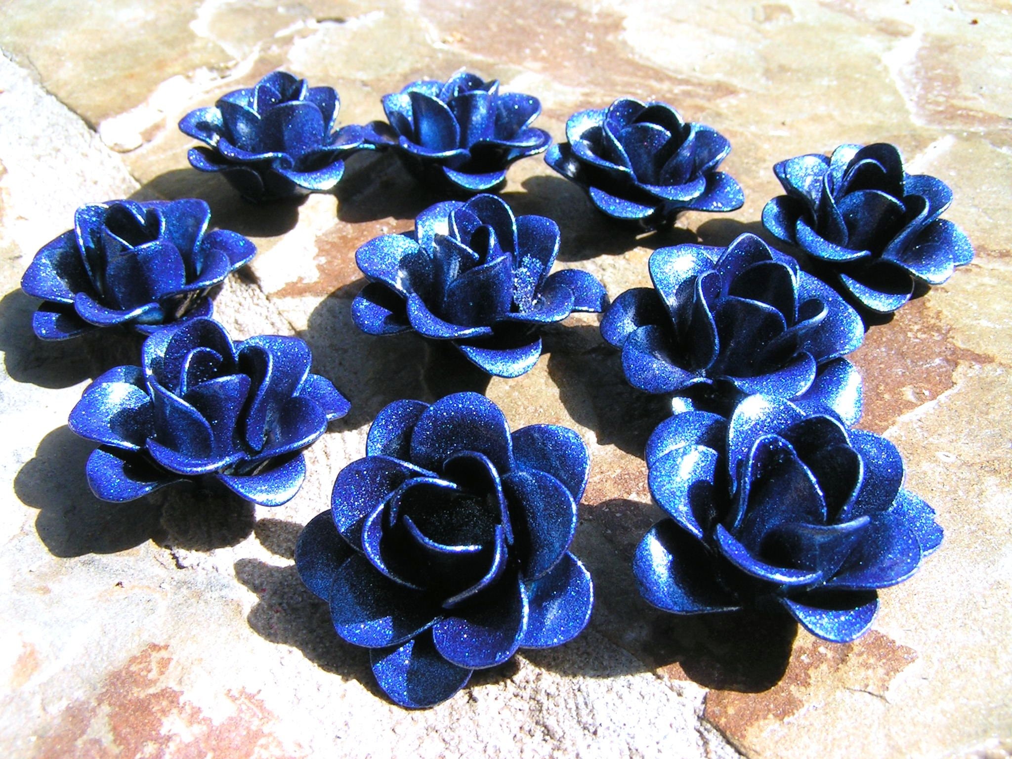 10 Navy Blue metal roses, flowers for crafts, jewelry, embellishment