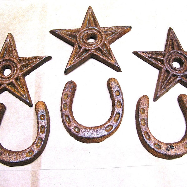 6 Cast Iron Western Stars and Horseshoes for craft, woodworking, architectural embellishments