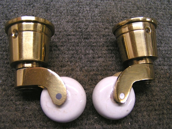 TWO Small Brass Casters With White Ceramic Swivel Wheels for Tables,  Chairs, Furniture Legs 