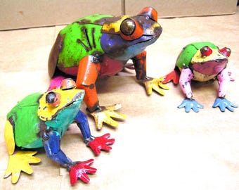 THREE Metal Art FRogs, Junk Iron Art, HAND painted Garden Yard art, or pond ,fountain